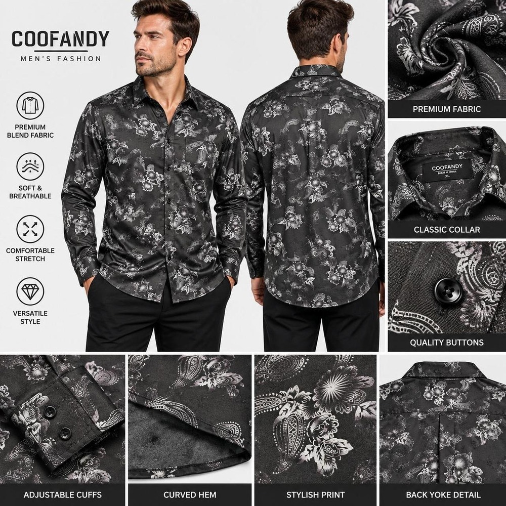 Coofandy Mens XL Black Floral Paisley Disco Party Long Sleeve Dress Shirt Top